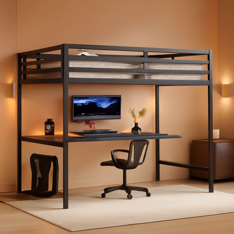 Full Size Metal Loft Bed Desk With Integrated USB Charging Black