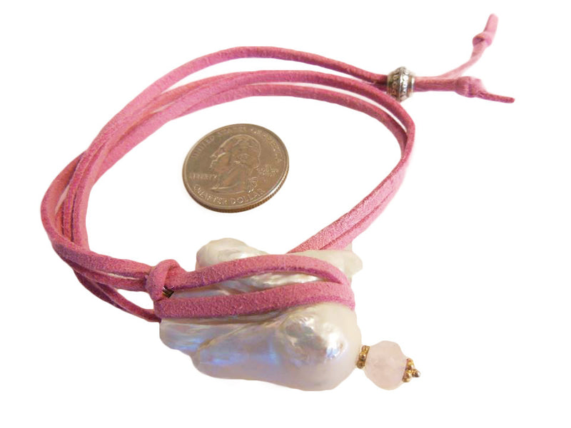Throwaway Elegance and a Little Bit of WOW!!!  Jumbo Pearl-24 on pinkish lavender cord with rose quartz