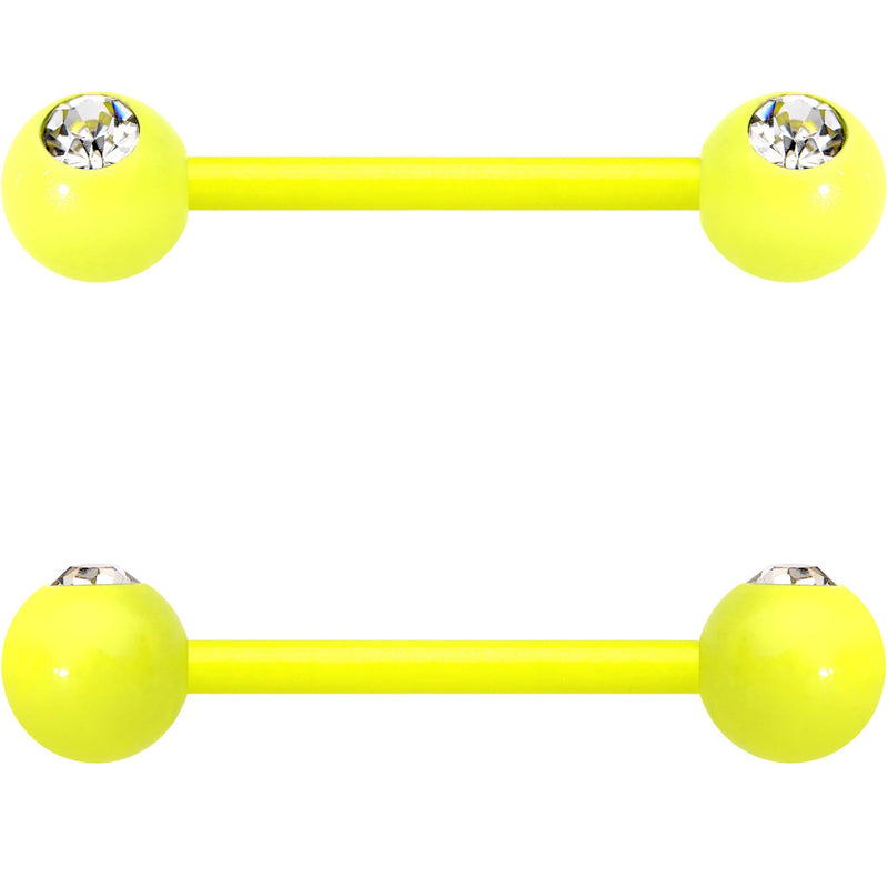 14G 5/8 Clear Gem Yellow Acrylic Over Steel Nipple Barbell Set