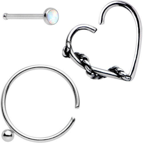 20G White Faux Opal Nose Bone Heart Closure Ring Pack Set of 3