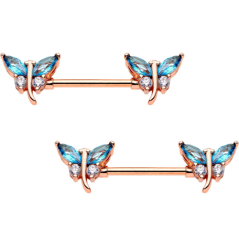9/16 Aqua Gem Rose Gold PVD Double Dragonfly Barbell Nipple Ring Set