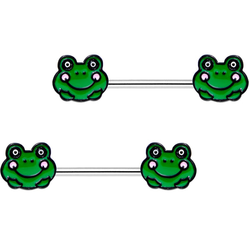 9/16 Smiling Green Frog Barbell Nipple Ring Set