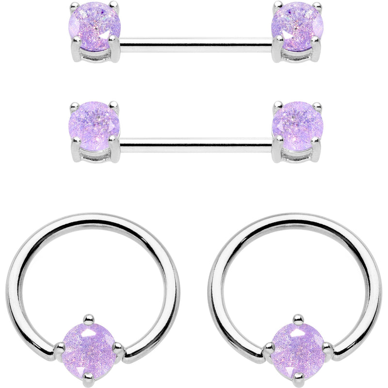 Purple CZ Gem Captive Ring Straight Barbell Nipple Ring Set
