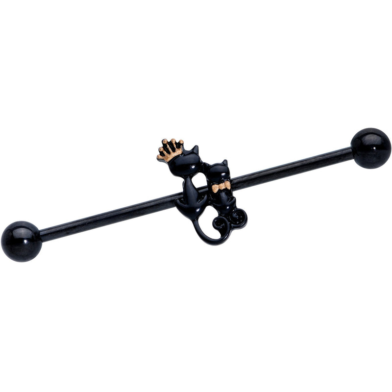 14G Black PVD King and Queen Kitty Cat Industrial Barbell 38mm