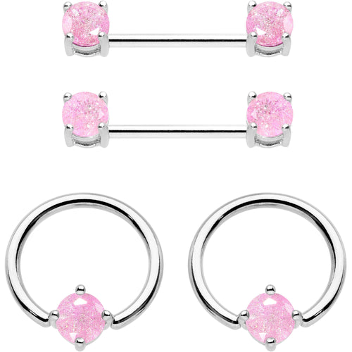 14G Pink CZ Gem BCR Captive Ring Barbell Nipple Ring Set