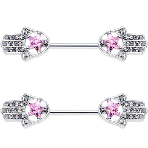 14G 9/16 Pink Gem Star Hamsa Hand Barbell Nipple Ring Set