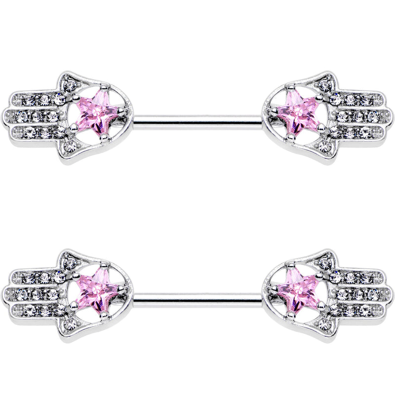 14G 9/16 Pink Gem Star Hamsa Hand Barbell Nipple Ring Set