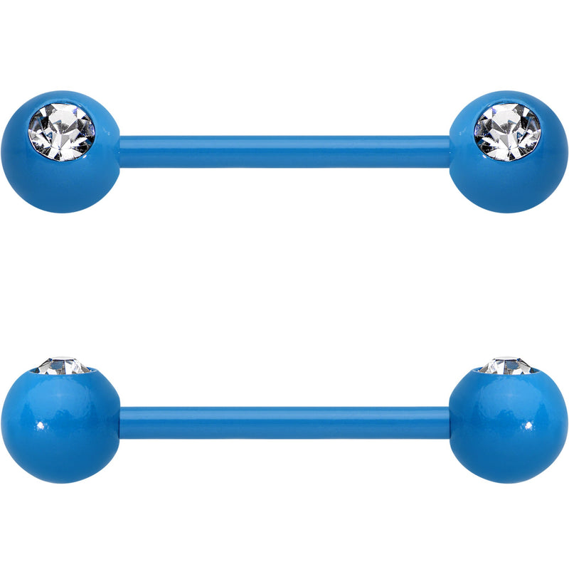 14G 5/8 Clear Gem Blue Acrylic Over Steel Nipple Barbell Set