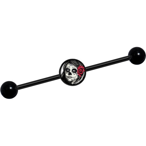 14G Katrina Sugar Skull with Rose Flower Black Industrial Barbell 37mm