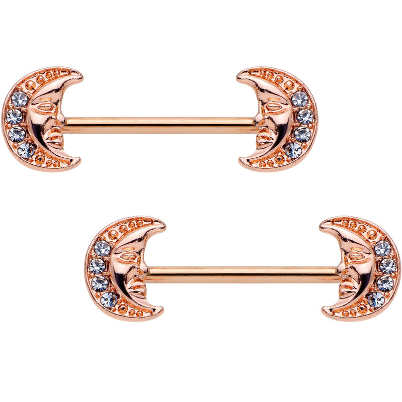 5/8 Clear Gem Rose Gold Tone Anodized Moon Barbell Nipple Ring Set