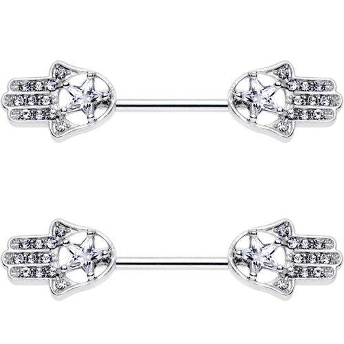 14G 9/16 Clear Gem Star Hamsa Hand Barbell Nipple Ring Set
