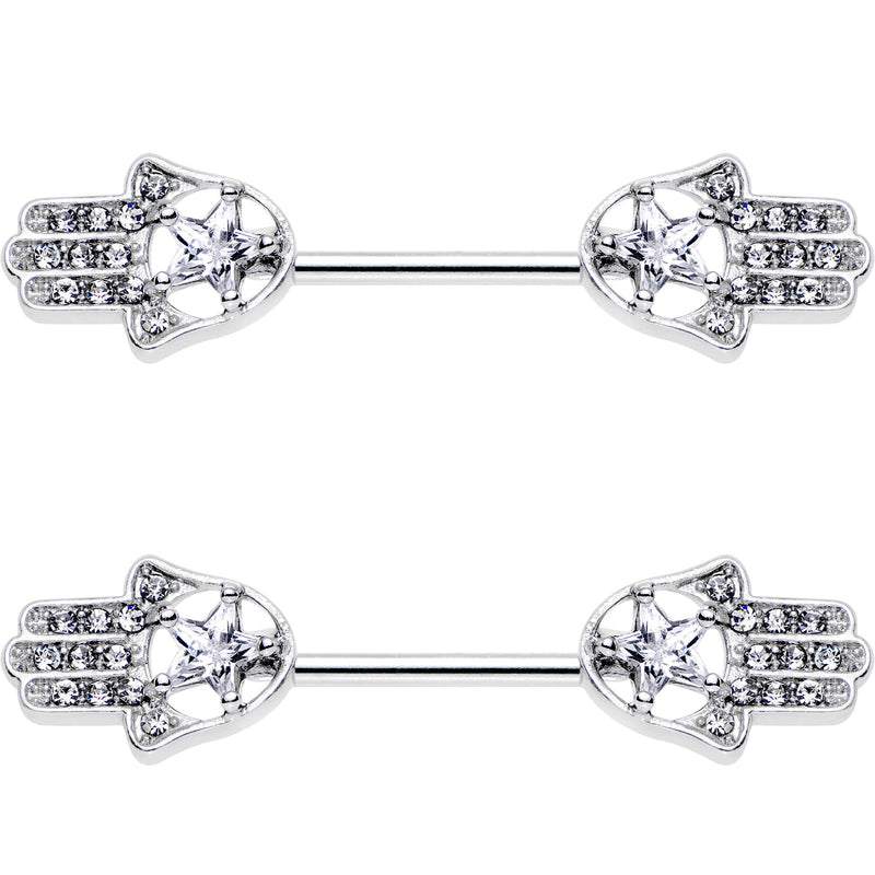 14G 9/16 Clear Gem Star Hamsa Hand Barbell Nipple Ring Set