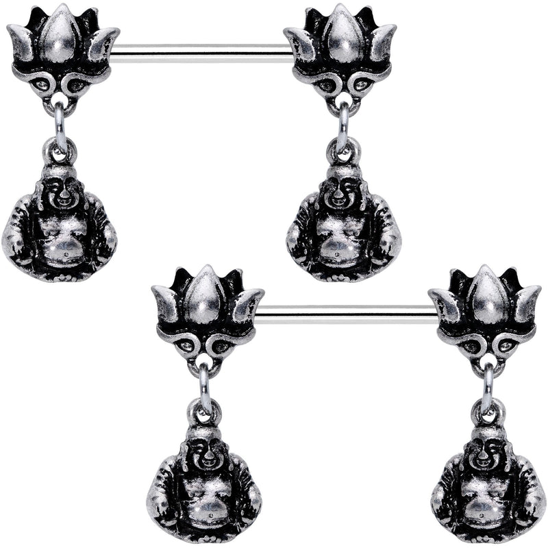 Inner Strength Buddha and Lotus Flower Barbell Dangle Nipple Ring Set