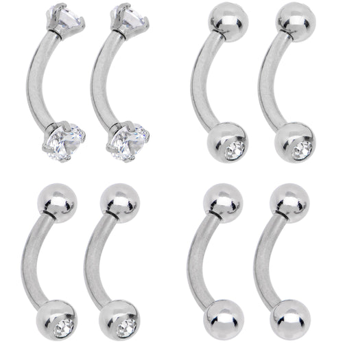 16G 5/16 CZ Gem Internally Threaded Curved Eyebrow Ring Pack Set of 8