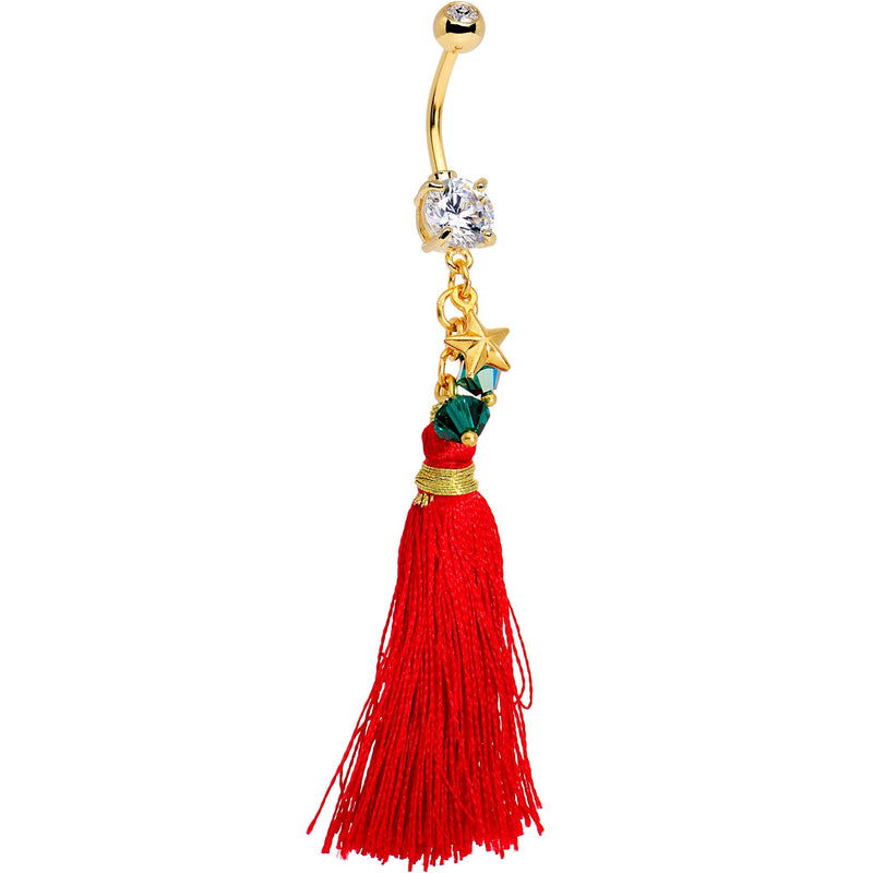 Red Holiday Tassel Dangle Belly Ring Created with Crystals