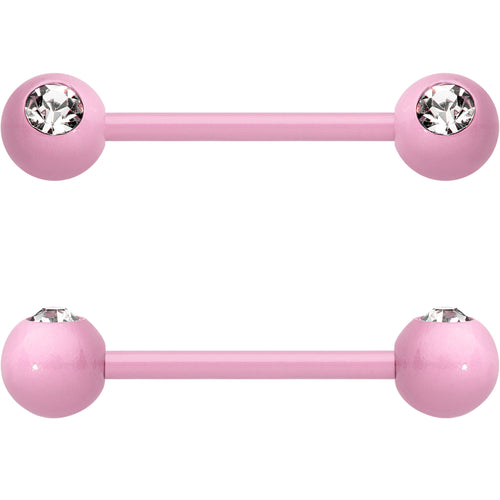 14G 5/8 Clear Gem Light Pink Acrylic Over Steel Nipple Barbell Set