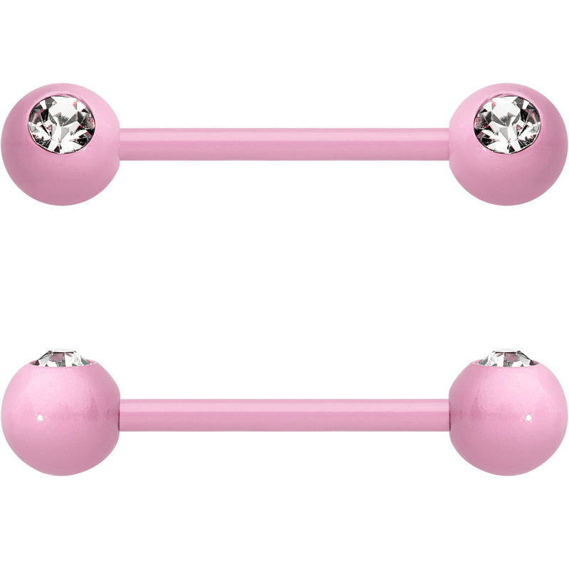 14G 5/8 Clear Gem Light Pink Acrylic Over Steel Nipple Barbell Set