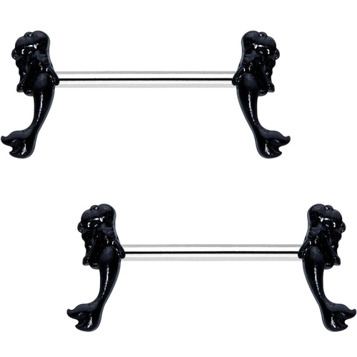 5/8 Black PVD Diving Mermaid Barbell Nipple Ring Set