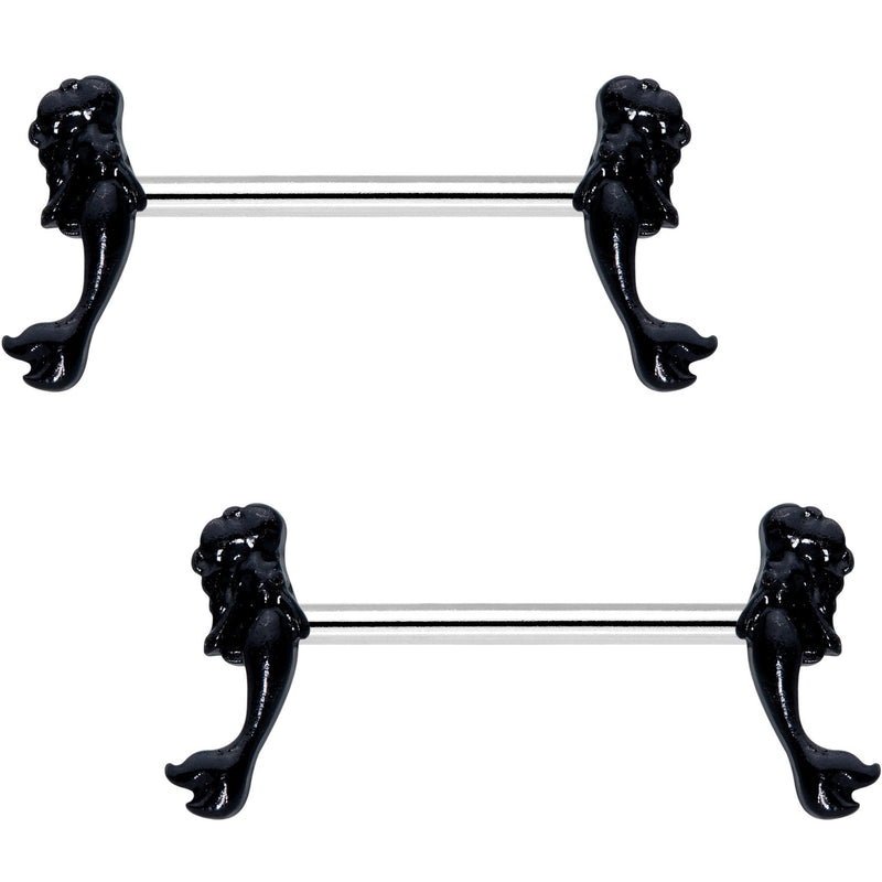 5/8 Black PVD Diving Mermaid Barbell Nipple Ring Set