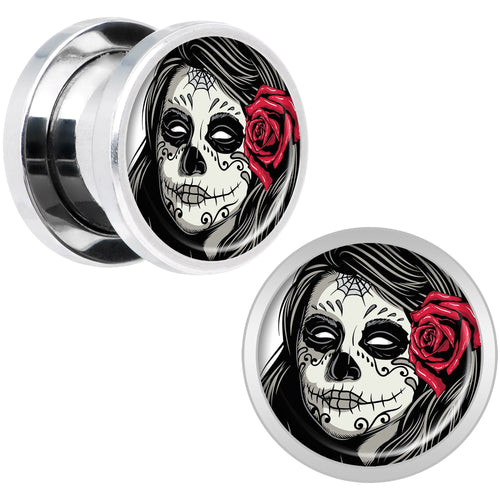 Katrina Sugar Skull with Rose Flower Steel Screw Fit Plug Set 00G