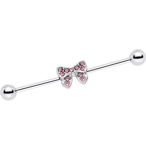14G Pink Gem Knotted Bow Industrial Barbell 35mm