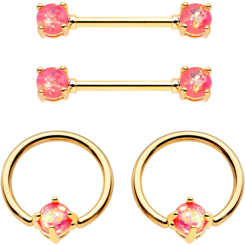 Pink Faux Opal Gold Tone Captive Ring Straight Barbell Nipple Ring Set