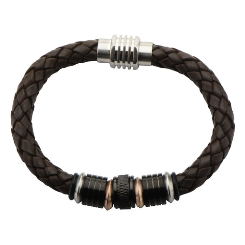 Mens Stainless Steel Beads in Brown Braided Leather 9.5mm Bracelet