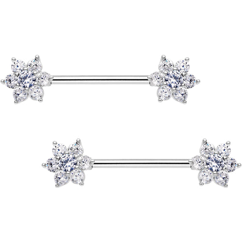 9/16 Clear CZ Gem Shimmering Flower Petal Barbell Nipple Ring Set