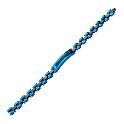 Mens Stainless Steel Solid Carbon Graphite and Blue IP with Black IP Mesh ID Link Bracelet