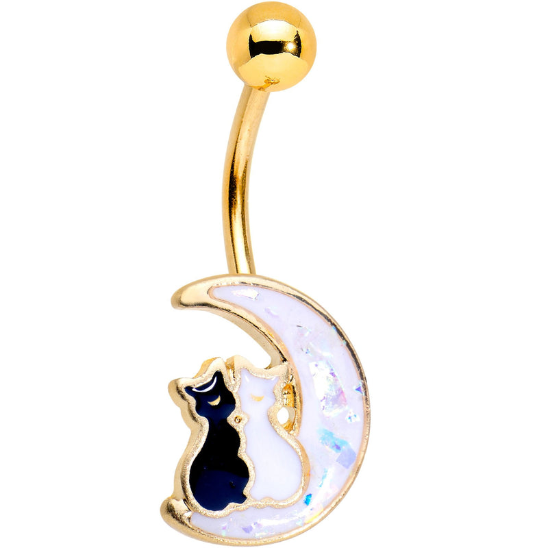 Gold Tone Plated Cuddling Kitties Over The Moon Belly Ring