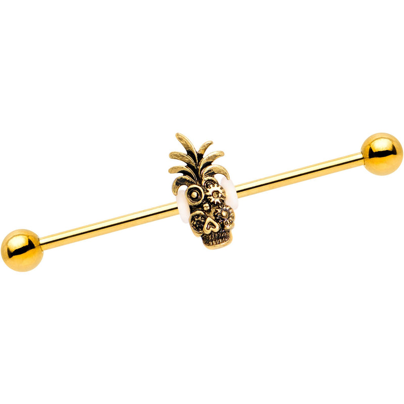 Gold PVD Steampunk Tiki Skull Headdress Industrial Barbell 38mm