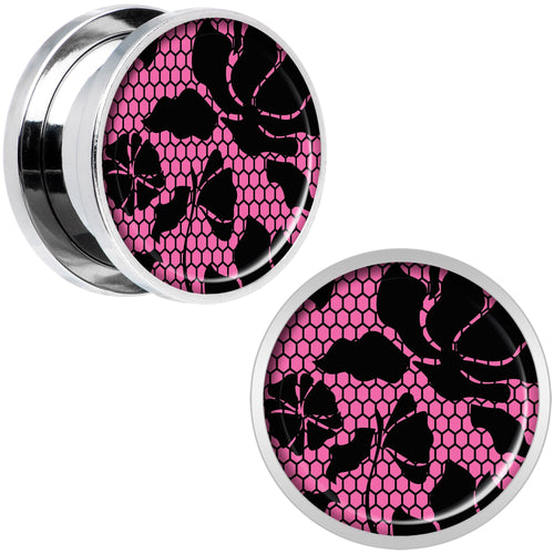 Pink Floral Lace Steel Screw Fit Plug Set 5/8