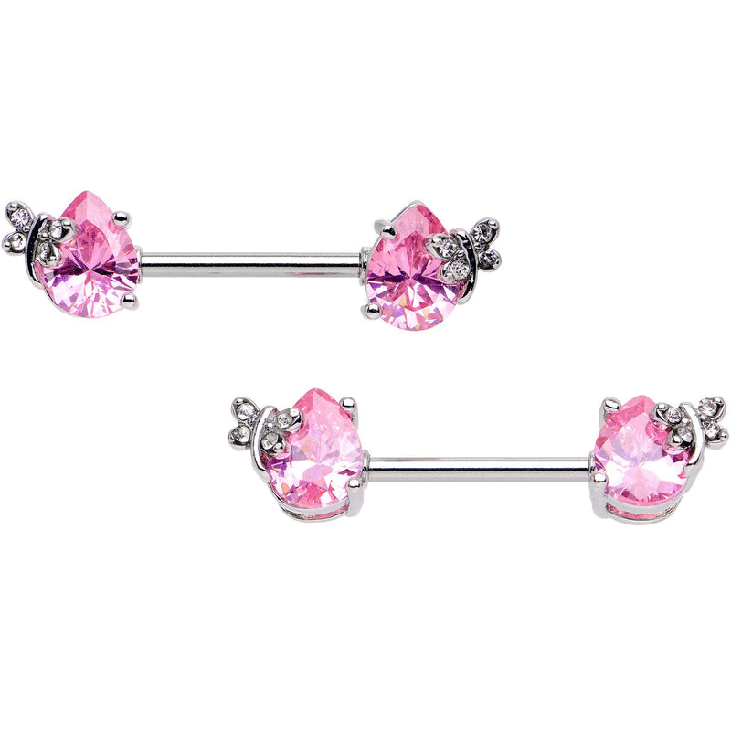 9/16 Pink CZ Gem Mini Butterfly Barbell Nipple Ring Set