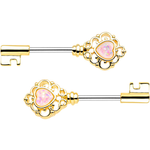 1/2 White Faux Opal Gold Tone Heart Key Barbell Nipple Ring Set