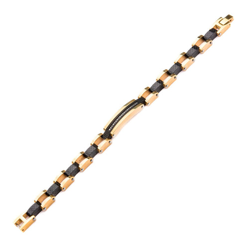 Mens Stainless Steel Gold IP with Clear CZ Gem ID Link Bracelet