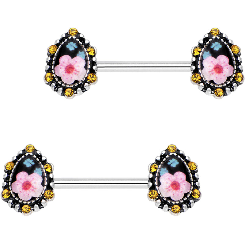 9/16 Orange Gem Framed Flower Brooch Barbell Nipple Ring Set