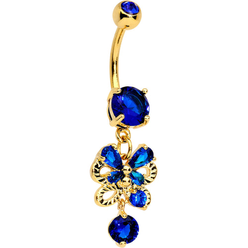 Blue CZ Gem Gold Tone Anodized Butterfly Bow Dangle Belly Ring