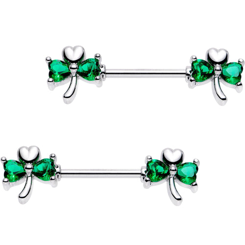 9/16 Green Gem Shamrock Heart Barbell Nipple Ring Set