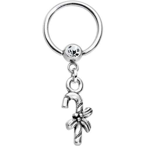 14G 1/2 Clear Gem Holiday Candy Cane Dangle BCR Captive Ring