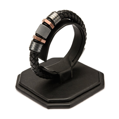 Mens Black Braided Leather Rose Gold IP & Steel Beads Bracelet