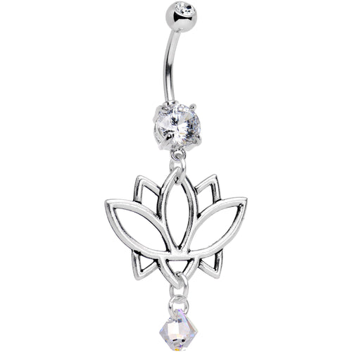 Clear Gem Lotus Flower Dangle Belly Ring Created with Crystals