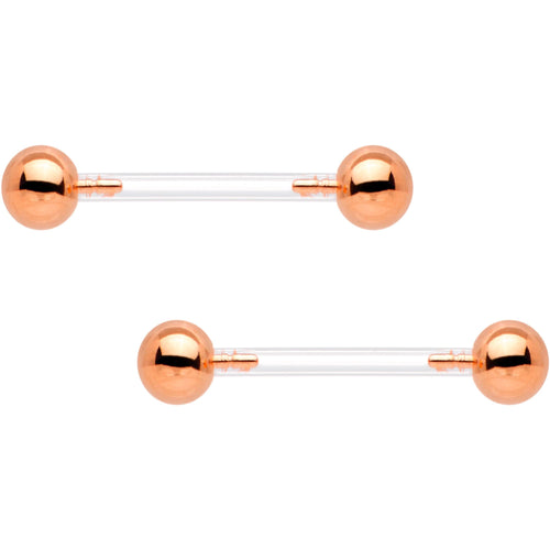 Clear Bioplast Barbell Rose Gold Tone Push In Ball Nipple Ring Set