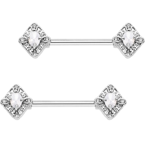 9/16 Clear White Gem Rococo Rhombus Barbell Nipple Ring Set