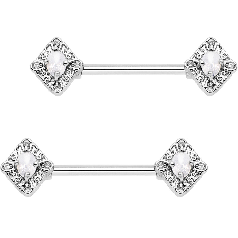 9/16 Clear White Gem Rococo Rhombus Barbell Nipple Ring Set