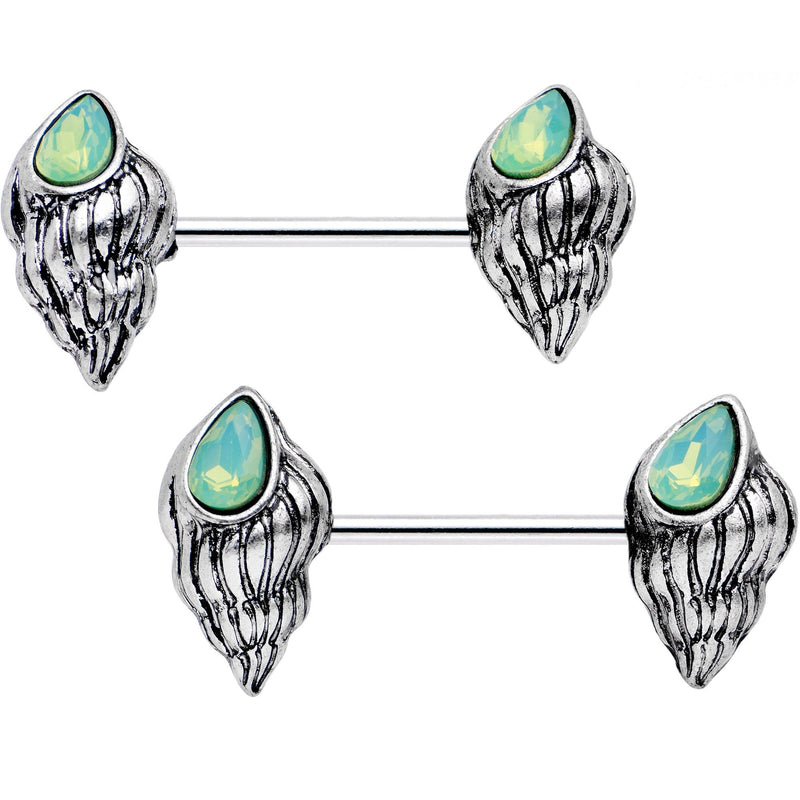 9/16 Green Faux Opal Spiral Shell Barbell Nipple Ring Set