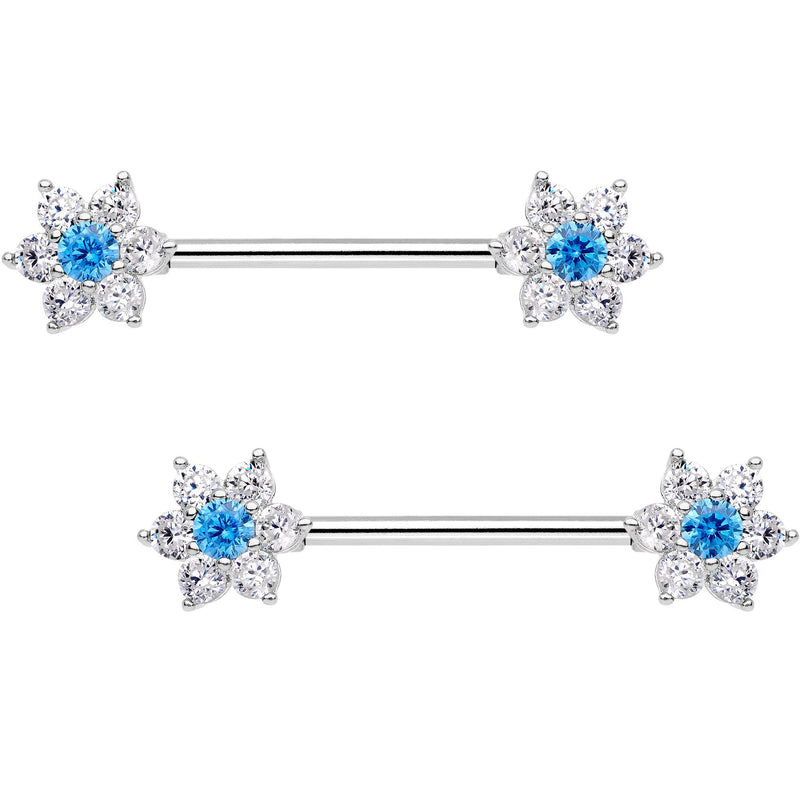 9/16 Aqua CZ Gem Summer Flower Petal Barbell Nipple Ring Set